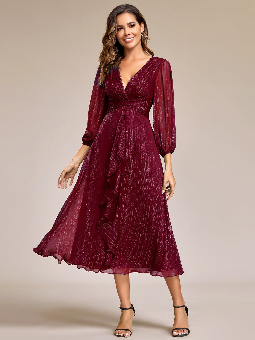 Glitter Twist Knot See-Through Long Sleeve Wedding Guest Dress — Burgundy