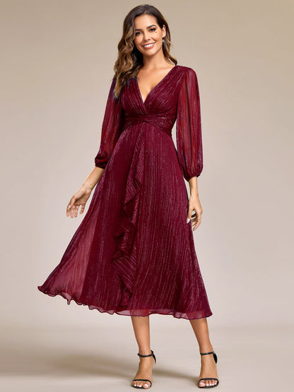 Glitter Twist Knot See-Through Long Sleeve Wedding Guest Dress — Burgundy