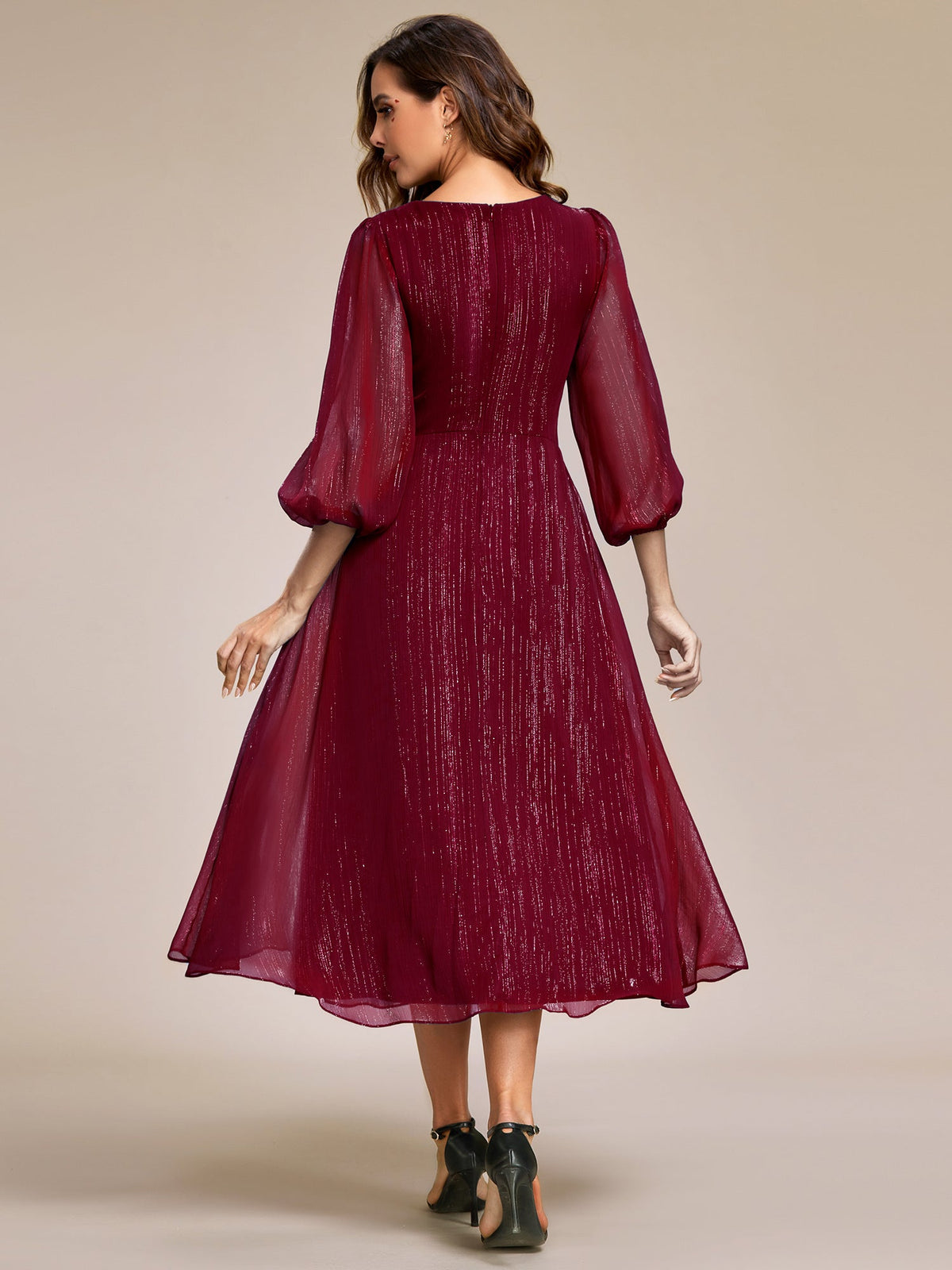 Glitter Twist Knot See-Through Long Sleeve Wedding Guest Dress