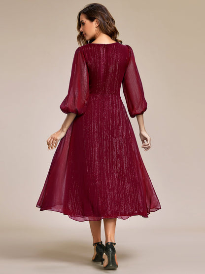 Glitter Twist Knot See-Through Long Sleeve Wedding Guest Dress