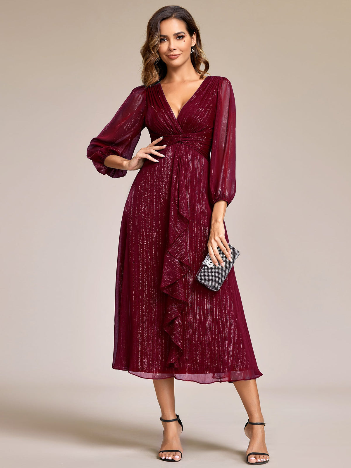 Glitter Twist Knot See-Through Long Sleeve Wedding Guest Dress