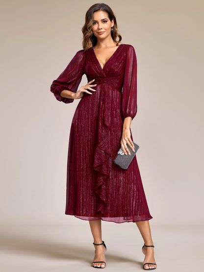 Glitter Twist Knot See-Through Long Sleeve Wedding Guest Dress