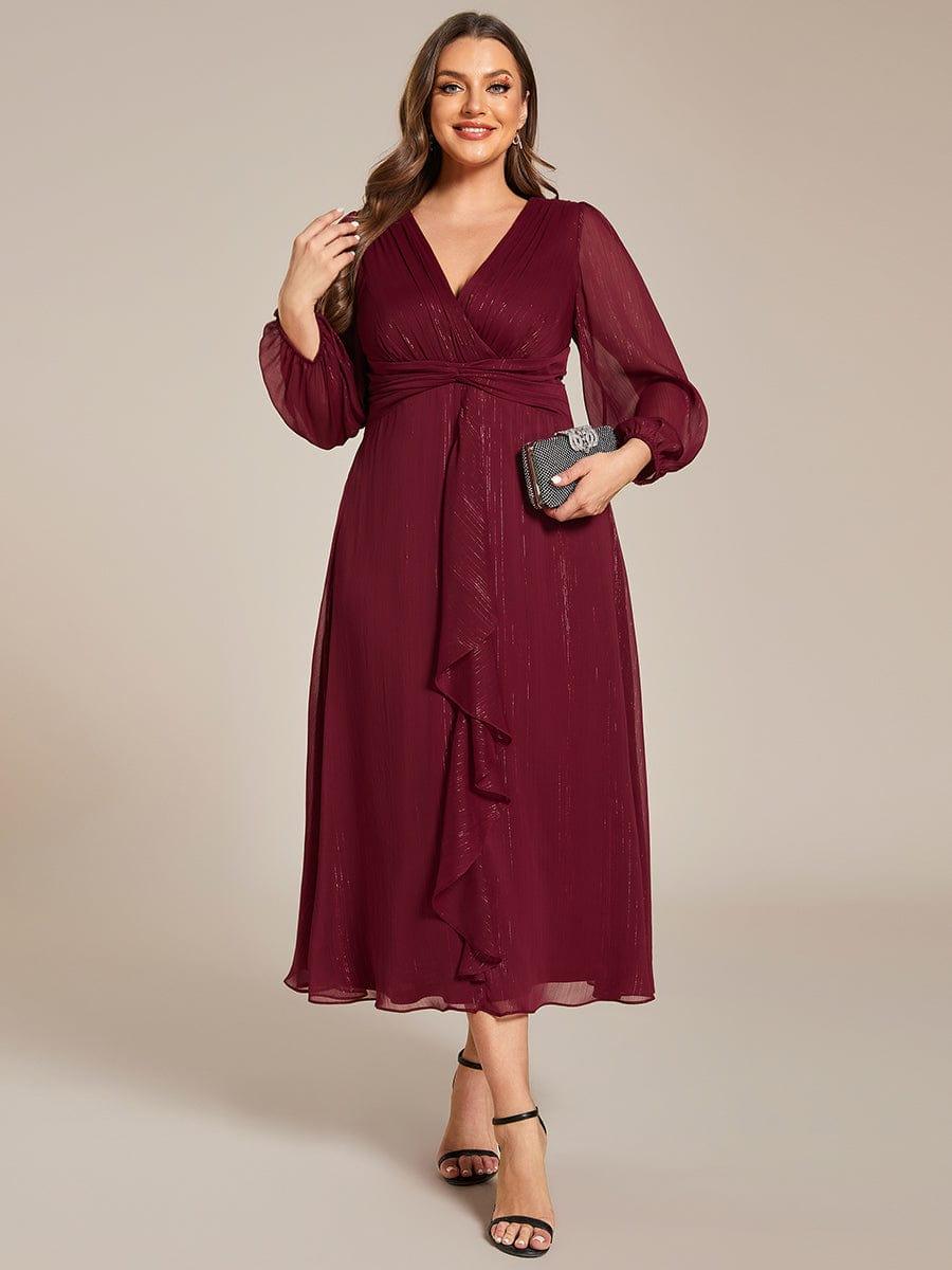 Glitter Twist Knot See-Through Long Sleeve Wedding Guest Dress — Burgundy