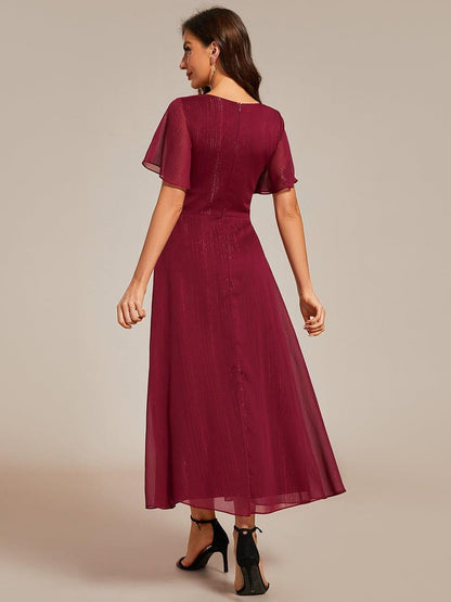 Glitter Twist Knot See-Through Long Sleeve Wedding Guest Dress