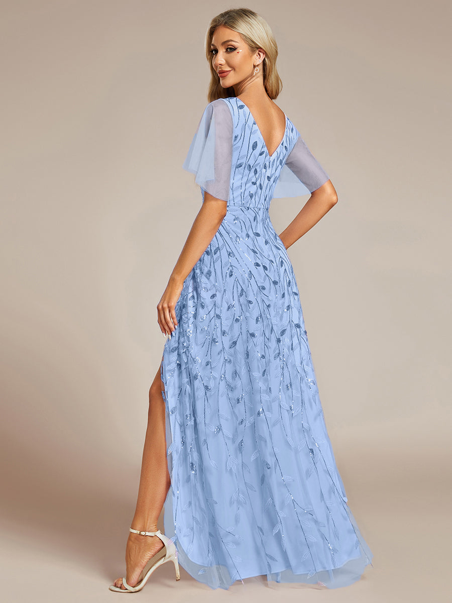 Sequin Short Sleeve High Low V-Neck Midi Formal Wedding Guest Dress
