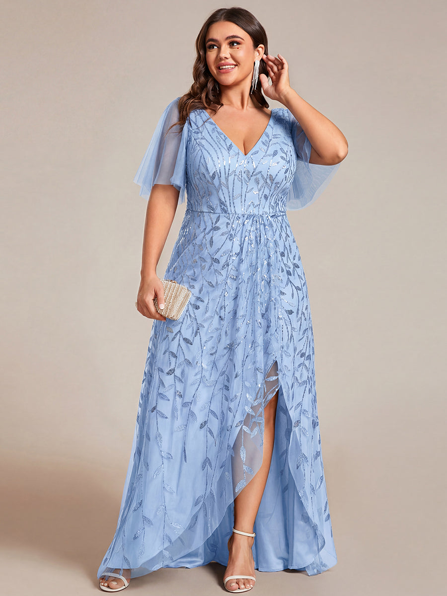 Sequin Short Sleeve High Low V-Neck Midi Formal Wedding Guest Dress