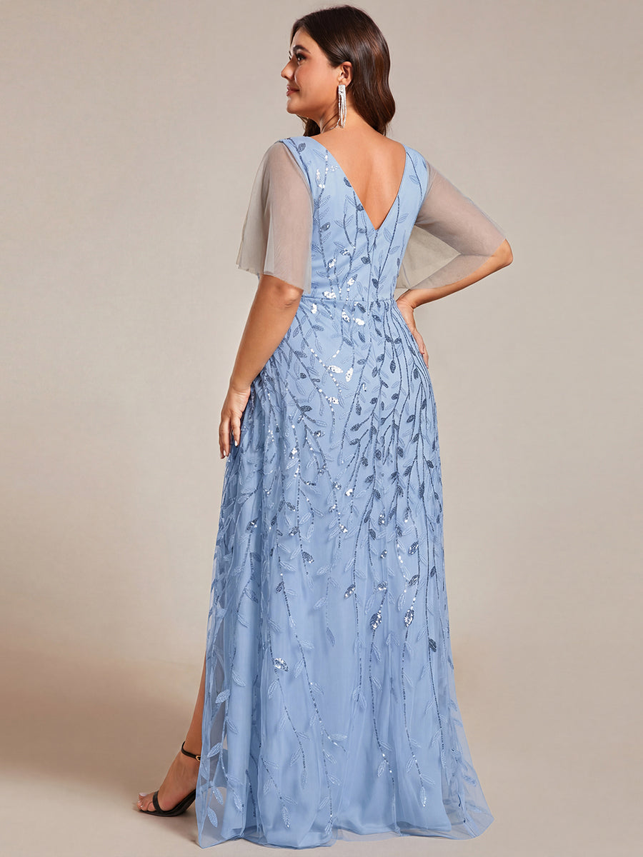 Sequin Short Sleeve High Low V-Neck Midi Formal Wedding Guest Dress