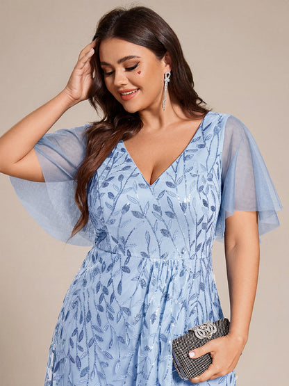 Sequin Short Sleeve High Low V-Neck Midi Formal Wedding Guest Dress