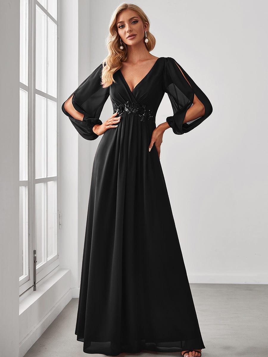 Chiffon V-Neckline Long Sleeve Wedding Guest Dress — Black
