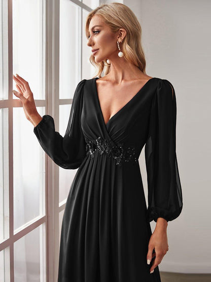 Chiffon V-Neckline Long Sleeve Wedding Guest Dress