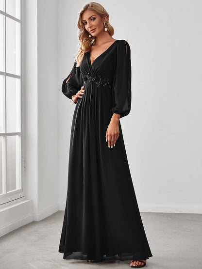 Chiffon V-Neckline Long Sleeve Wedding Guest Dress