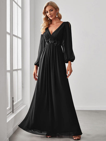 Chiffon V-Neckline Long Sleeve Wedding Guest Dress