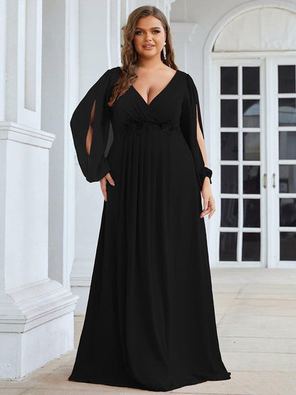 Chiffon V-Neckline Long Sleeve Wedding Guest Dress