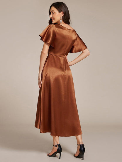 Satin V-neck High-Low Wedding Guest Dress with Pockets