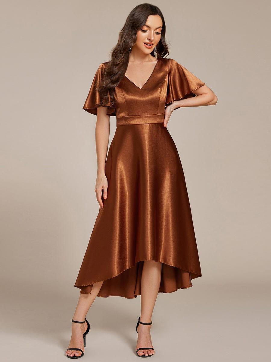 Satin V-neck High-Low Wedding Guest Dress with Pockets
