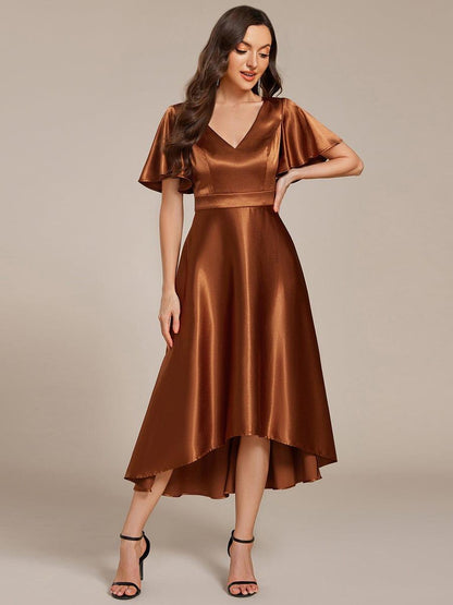 Satin V-neck High-Low Wedding Guest Dress with Pockets