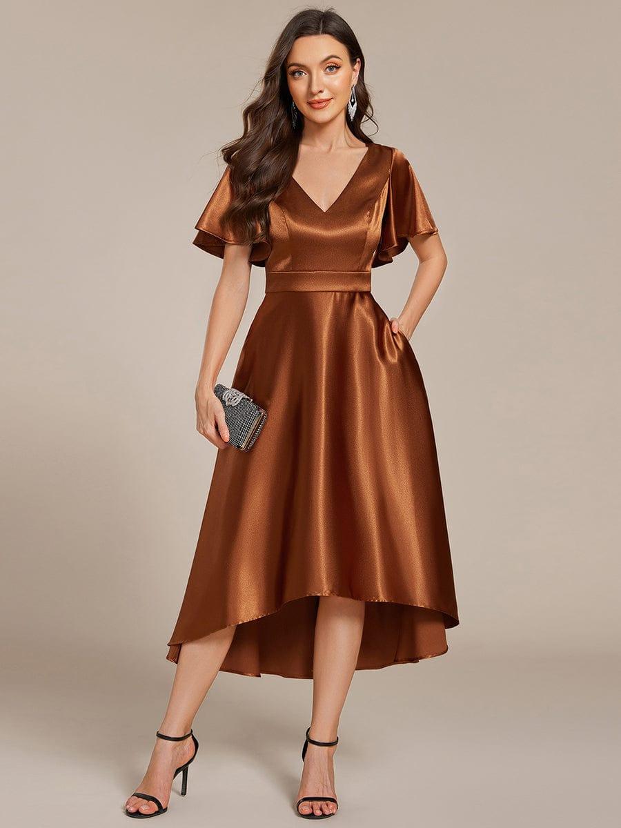 Satin V-neck High-Low Wedding Guest Dress with Pockets — Copper