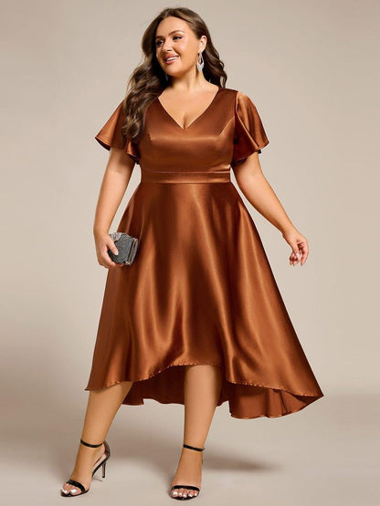 Satin V-neck High-Low Wedding Guest Dress with Pockets