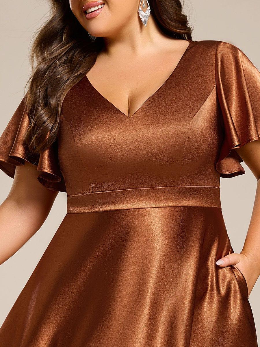 Satin V-neck High-Low Wedding Guest Dress with Pockets