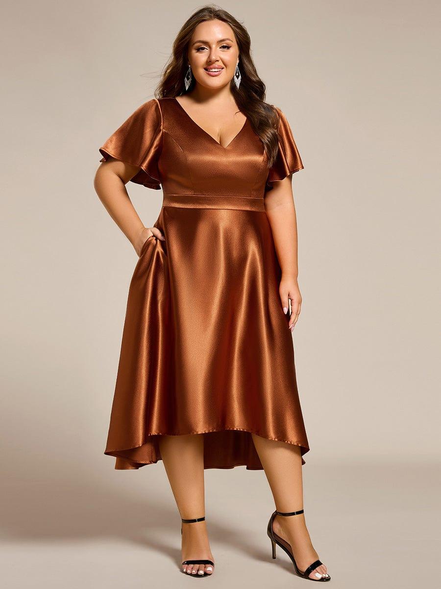 Satin V-neck High-Low Wedding Guest Dress with Pockets