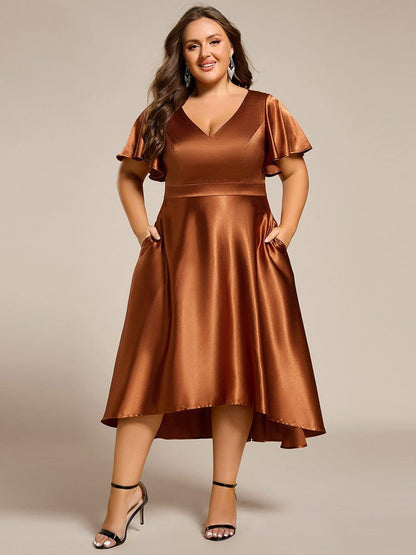 Satin V-neck High-Low Wedding Guest Dress with Pockets