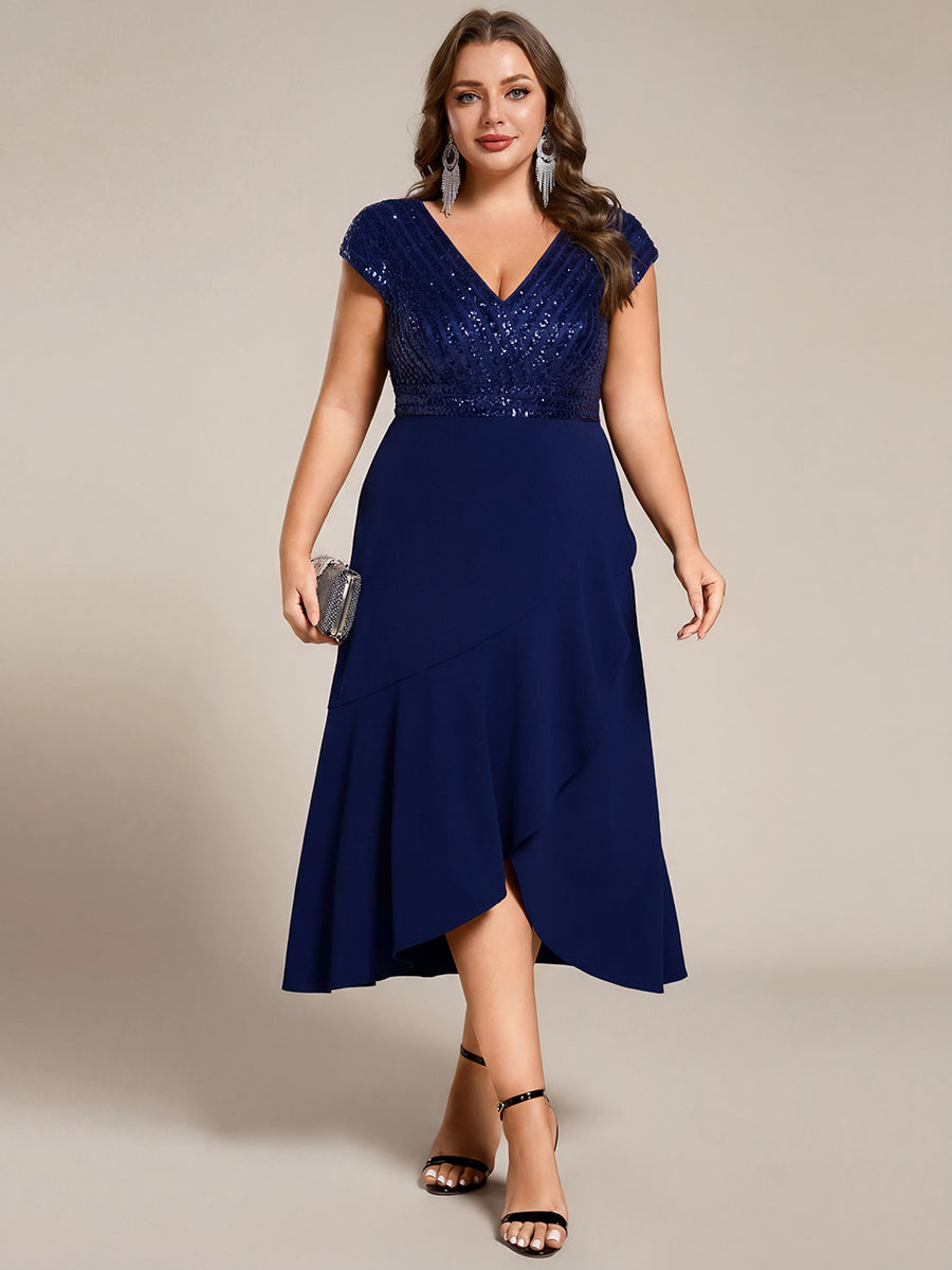 Plus Size Sequin Bodice V-Neck Midi Formal Dress