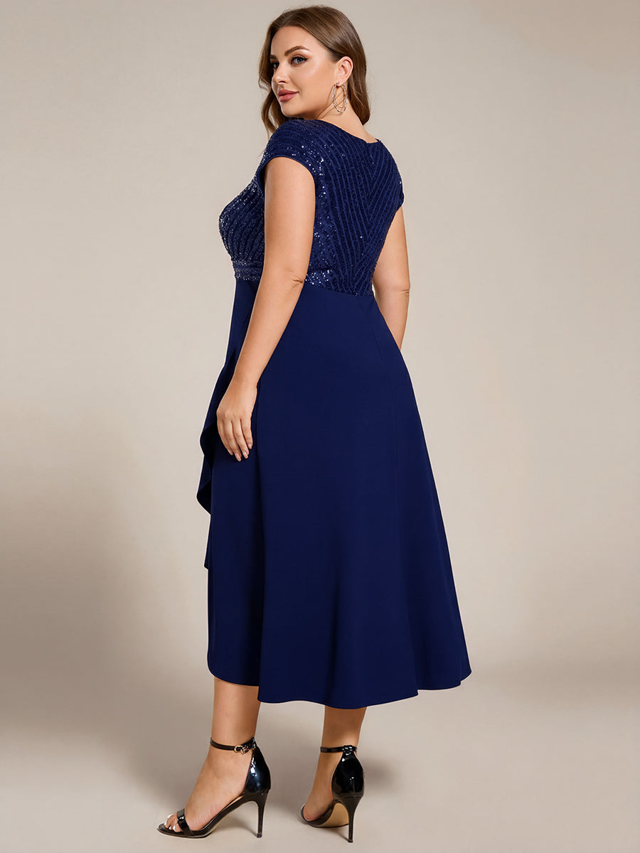 Plus Size Sequin Bodice V-Neck Midi Formal Dress