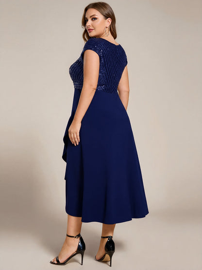 Plus Size Sequin Bodice V-Neck Midi Formal Dress