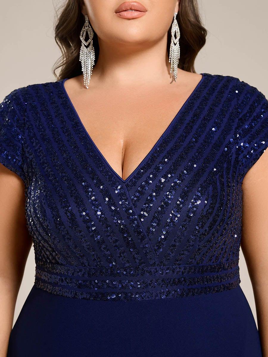 Plus Size Sequin Bodice V-Neck Midi Formal Dress