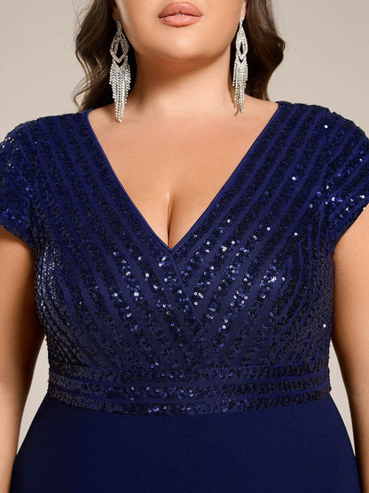 Plus Size Sequin Bodice V-Neck Midi Formal Dress