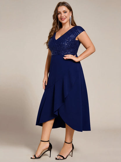 Plus Size Sequin Bodice V-Neck Midi Formal Dress