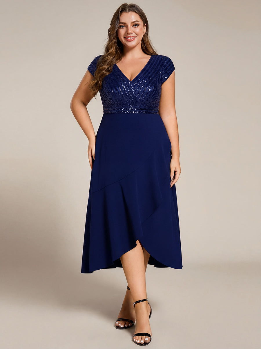 Plus Size Sequin Bodice V-Neck Midi Formal Dress — Navy Blue