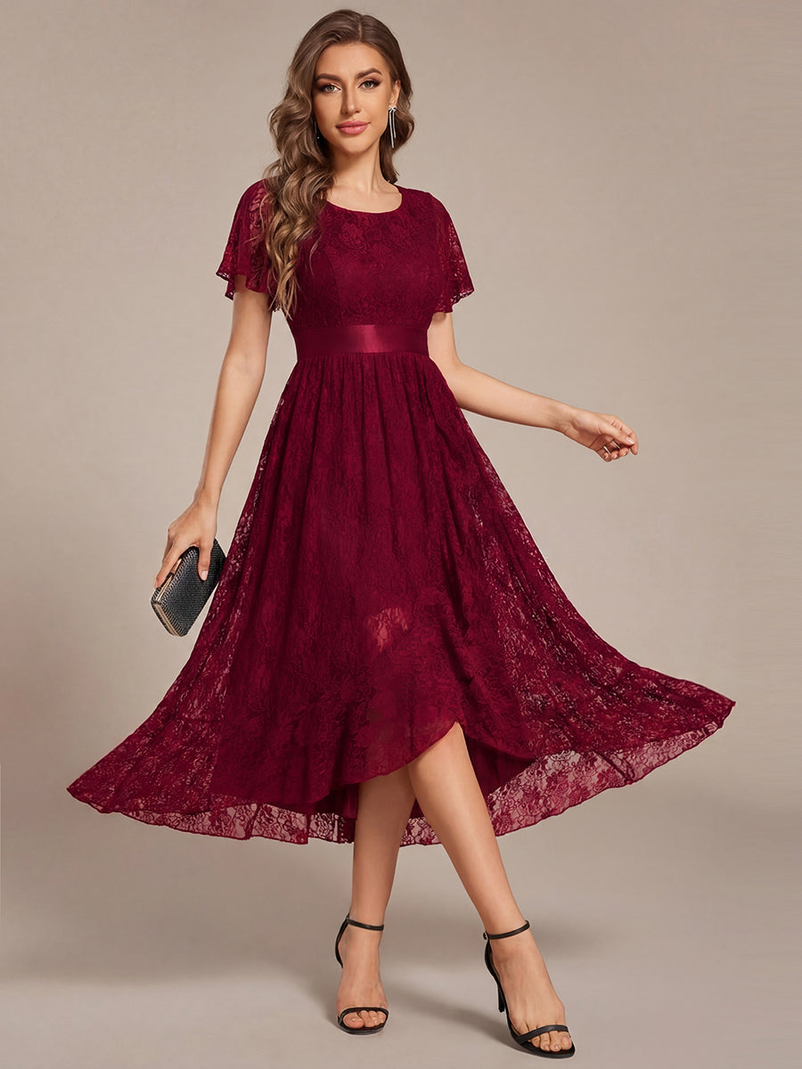 Lace Short Sleeve Ruffled Empire Waist Midi Formal Dress — Burgundy