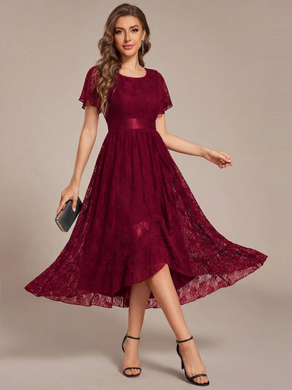 Lace Short Sleeve Ruffled Empire Waist Midi Formal Dress — Burgundy