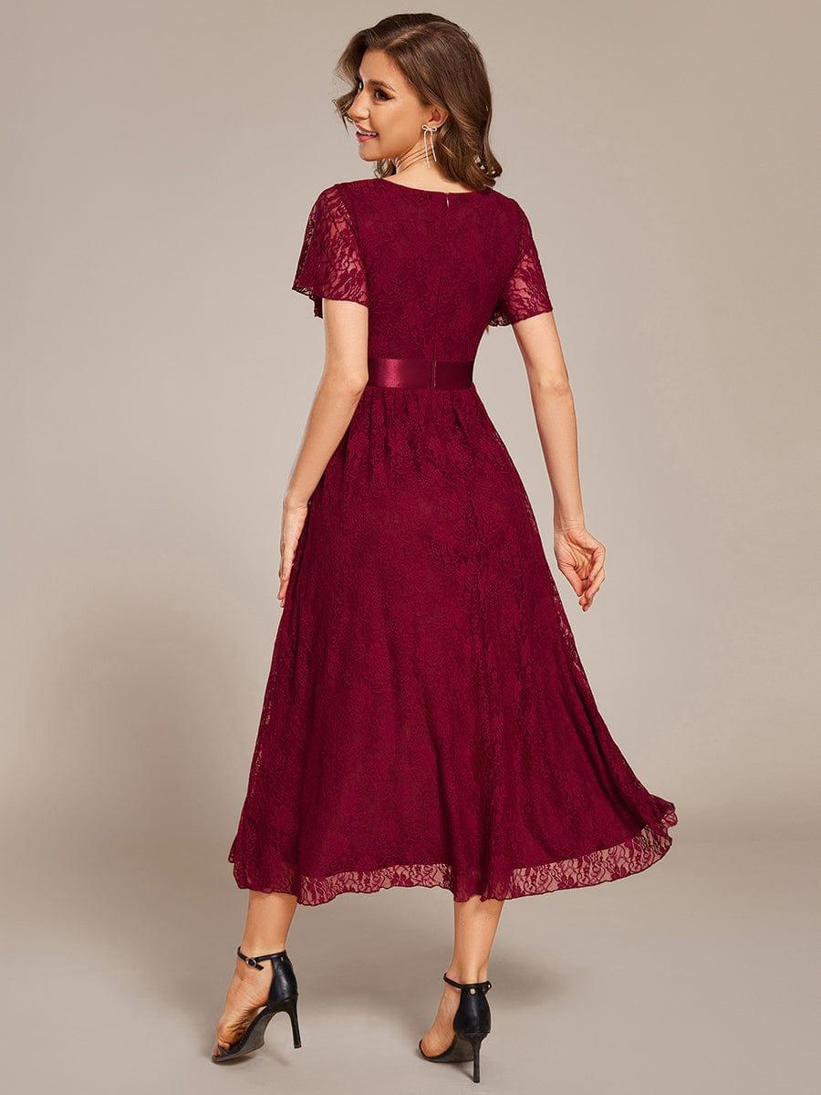 Lace Short Sleeve Ruffled Empire Waist Midi Formal Dress
