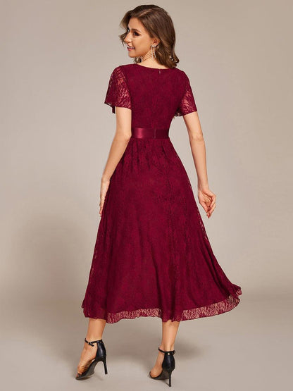 Lace Short Sleeve Ruffled Empire Waist Midi Formal Dress