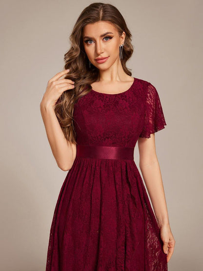 Lace Short Sleeve Ruffled Empire Waist Midi Formal Dress