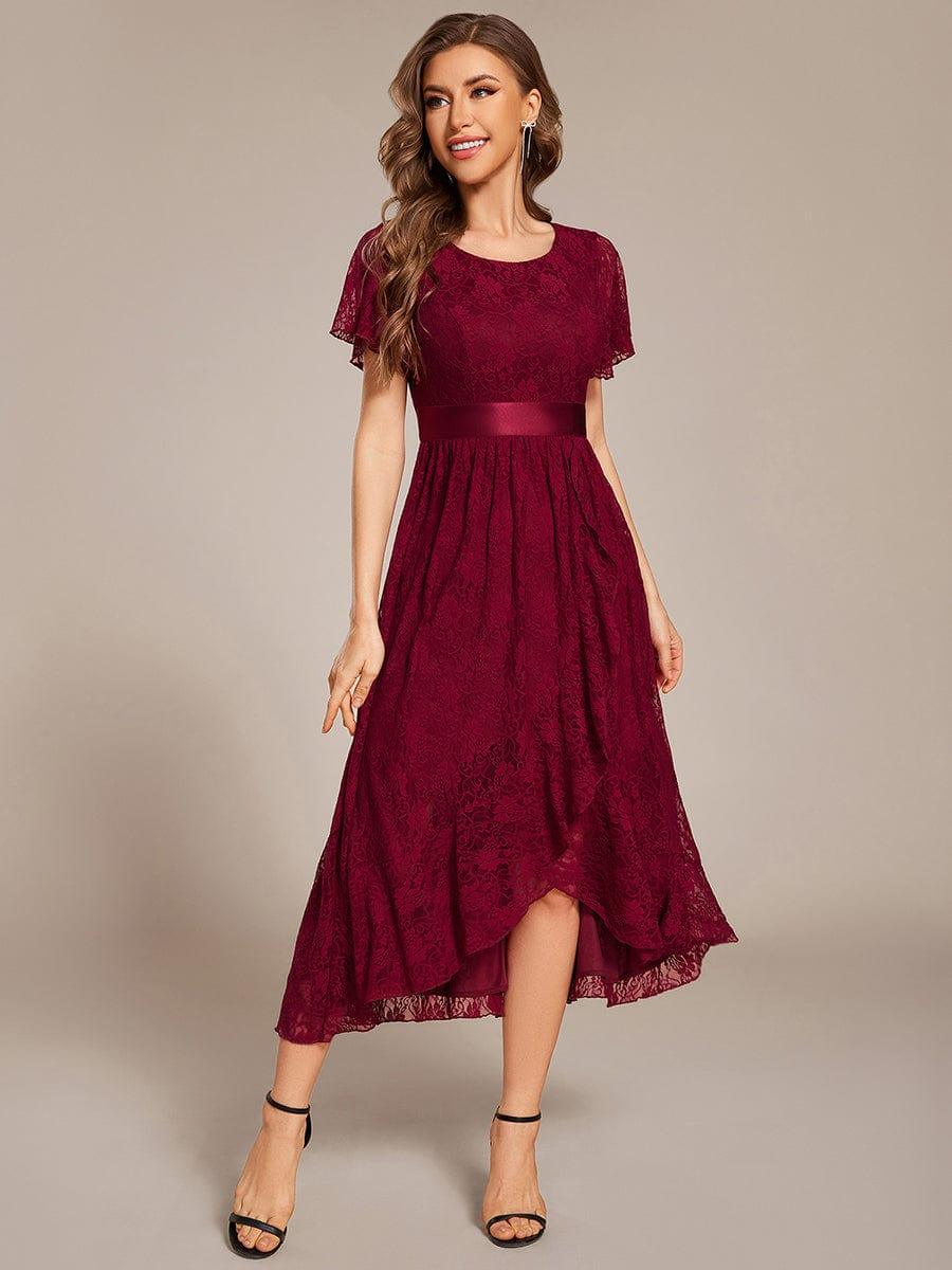 Lace Short Sleeve Ruffled Empire Waist Midi Formal Dress