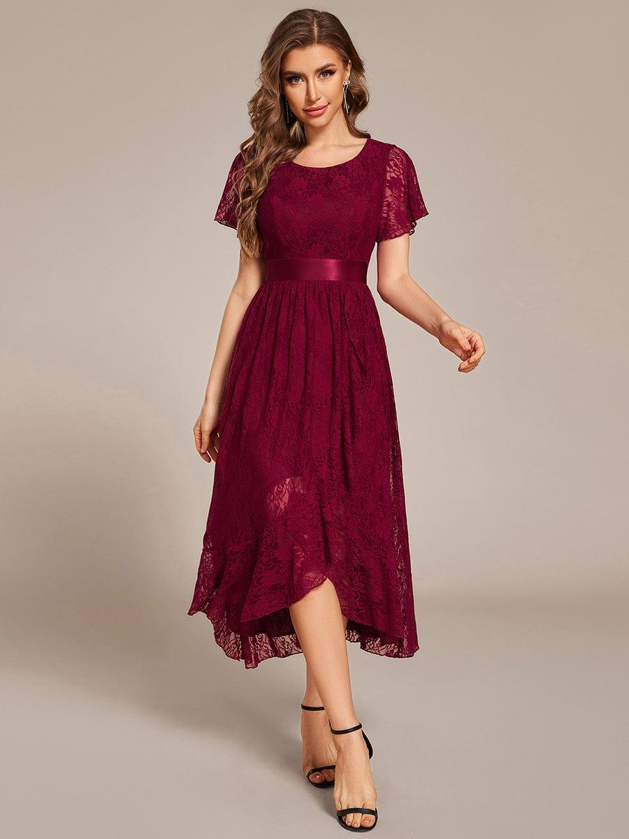 Lace Short Sleeve Ruffled Empire Waist Midi Formal Dress
