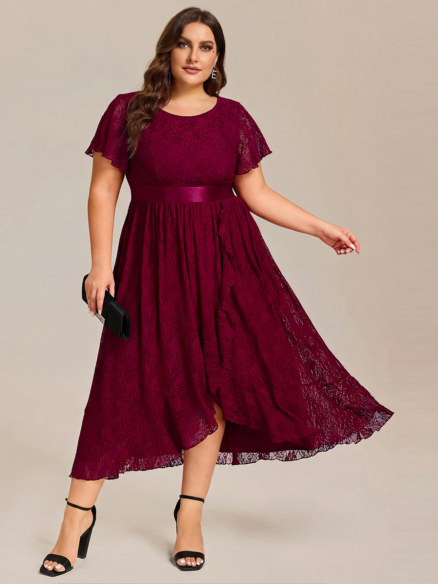 Lace Short Sleeve Ruffled Empire Waist Midi Formal Dress