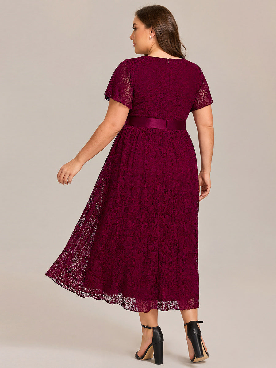 Lace Short Sleeve Ruffled Empire Waist Midi Formal Dress