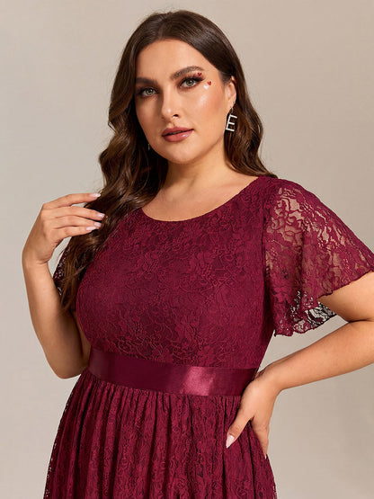 Lace Short Sleeve Ruffled Empire Waist Midi Formal Dress