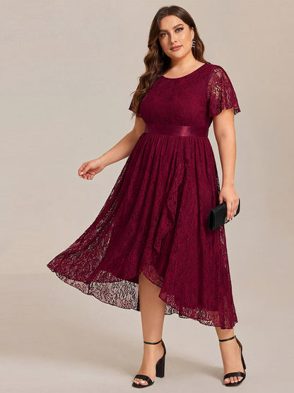 Lace Short Sleeve Ruffled Empire Waist Midi Formal Dress