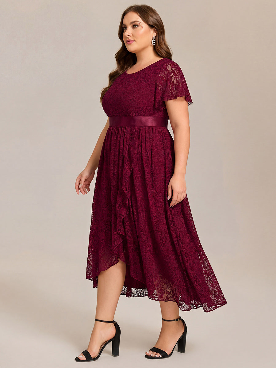 Lace Short Sleeve Ruffled Empire Waist Midi Formal Dress