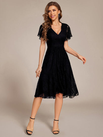 Ruffled Short Sleeve V-Neck A-Line Midi Wedding Guest Dress — Black