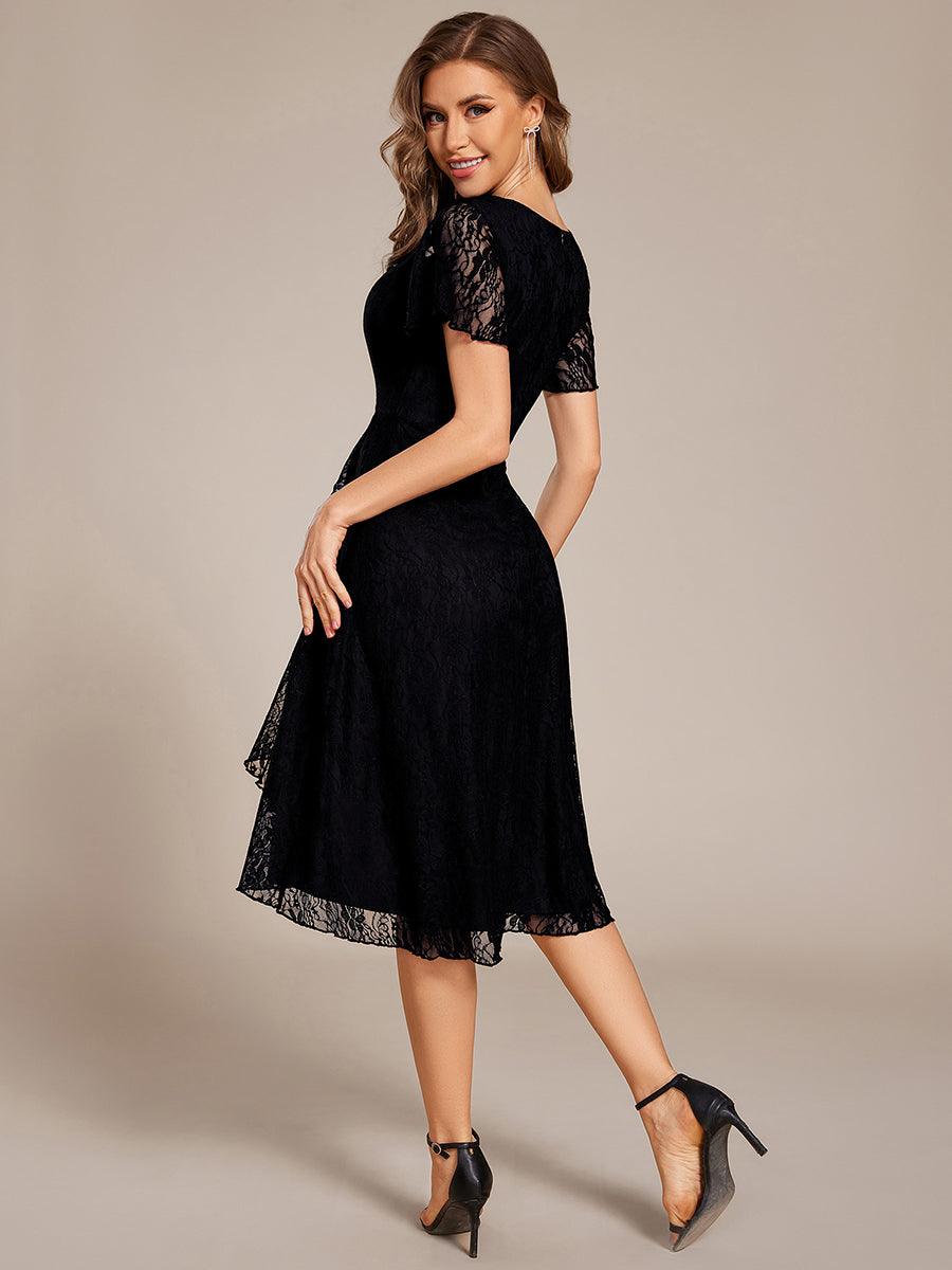 Ruffled Short Sleeve V-Neck A-Line Midi Wedding Guest Dress