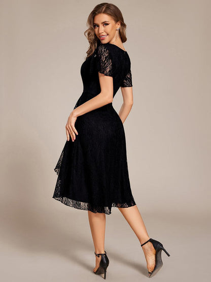 Ruffled Short Sleeve V-Neck A-Line Midi Wedding Guest Dress