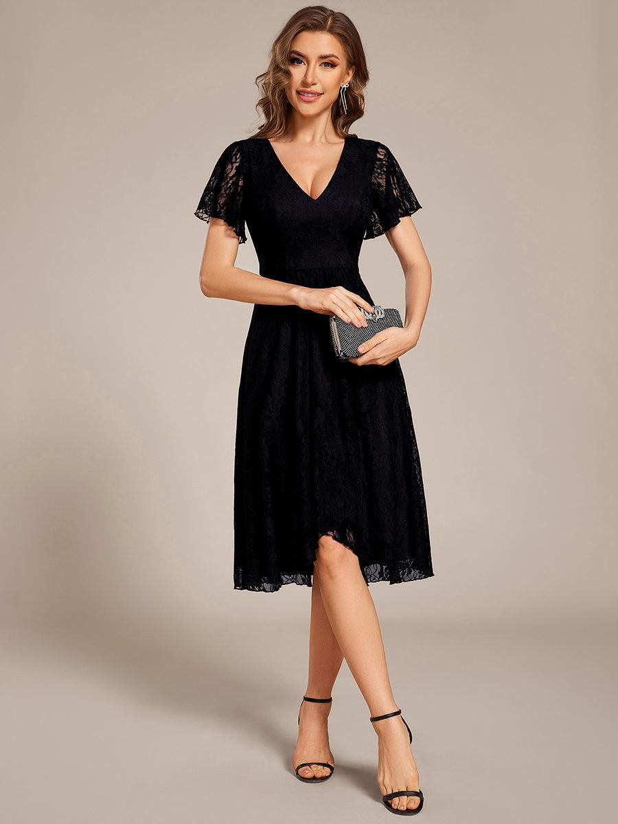 Ruffled Short Sleeve V-Neck A-Line Midi Wedding Guest Dress
