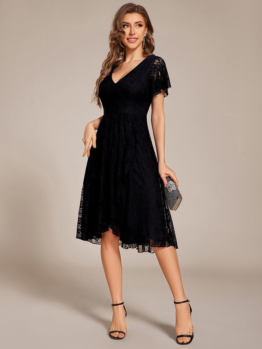Ruffled Short Sleeve V-Neck A-Line Midi Wedding Guest Dress