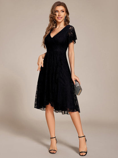 Ruffled Short Sleeve V-Neck A-Line Midi Wedding Guest Dress